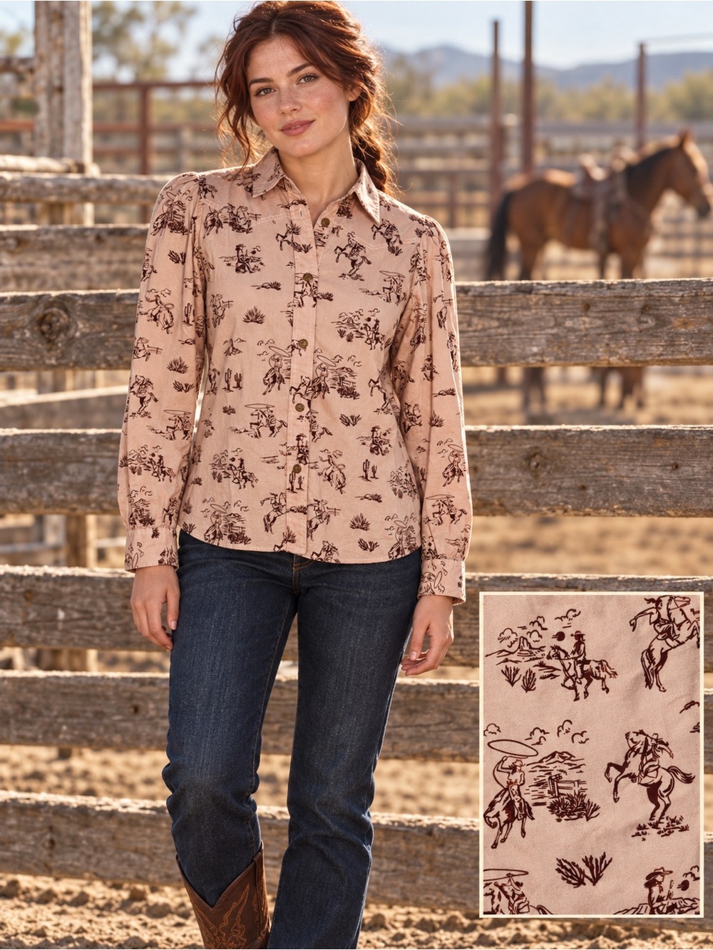 Pendleton Cotton Vintage Western Rodeo Cowboy Print Button Front Shirt Blush Sm
